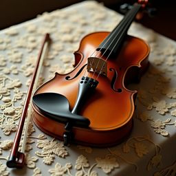 This image captures a richly polished, dark-brown wooden violin resting elegantly on a delicate, ivory-hued vintage lace tabl