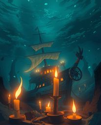 A captivating Isekai anime-style artwork featuring a shipwreck illuminated deep underwater by the warm glow of candlelight. F