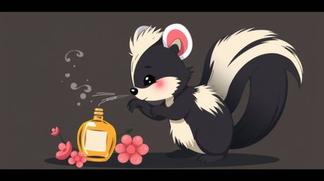 This delightful illustration features a charming cartoon skunk with a moody style, playfully spraying perfume on delicate flo