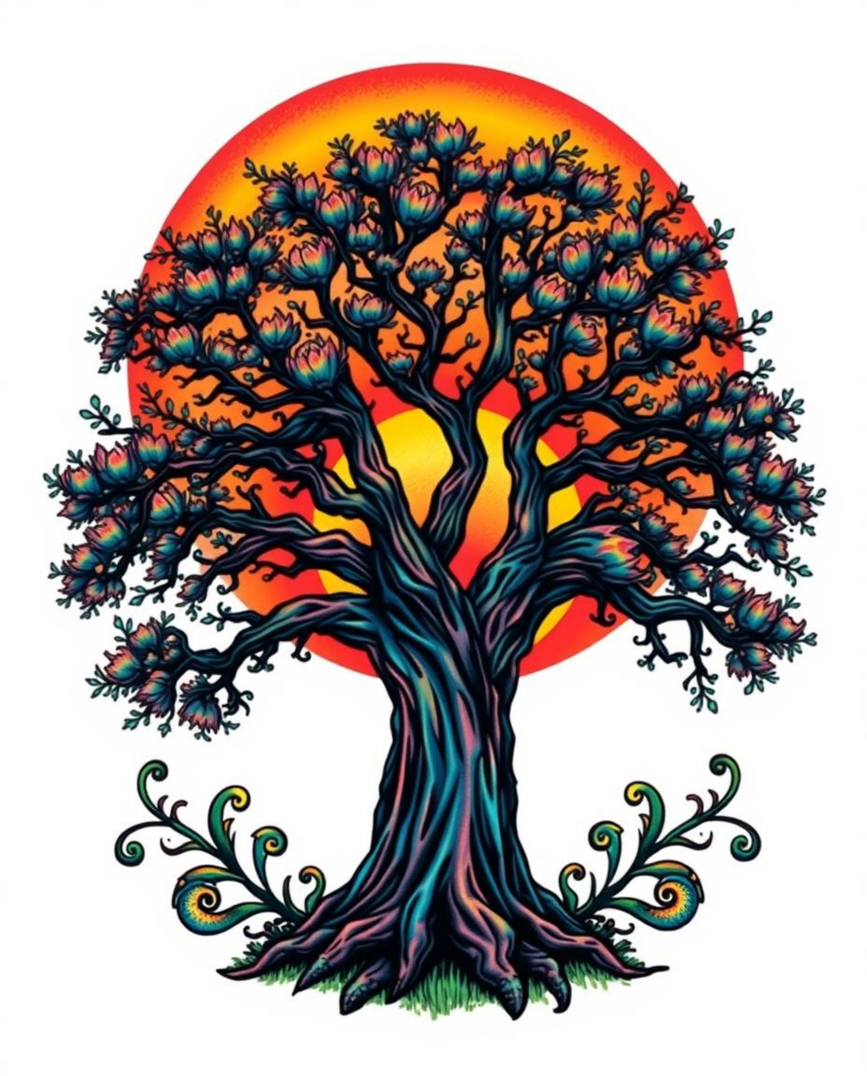 An adorable and charming traditional tattoo art print depicting a sunset behind an old oak tree. This piece is designed in a 