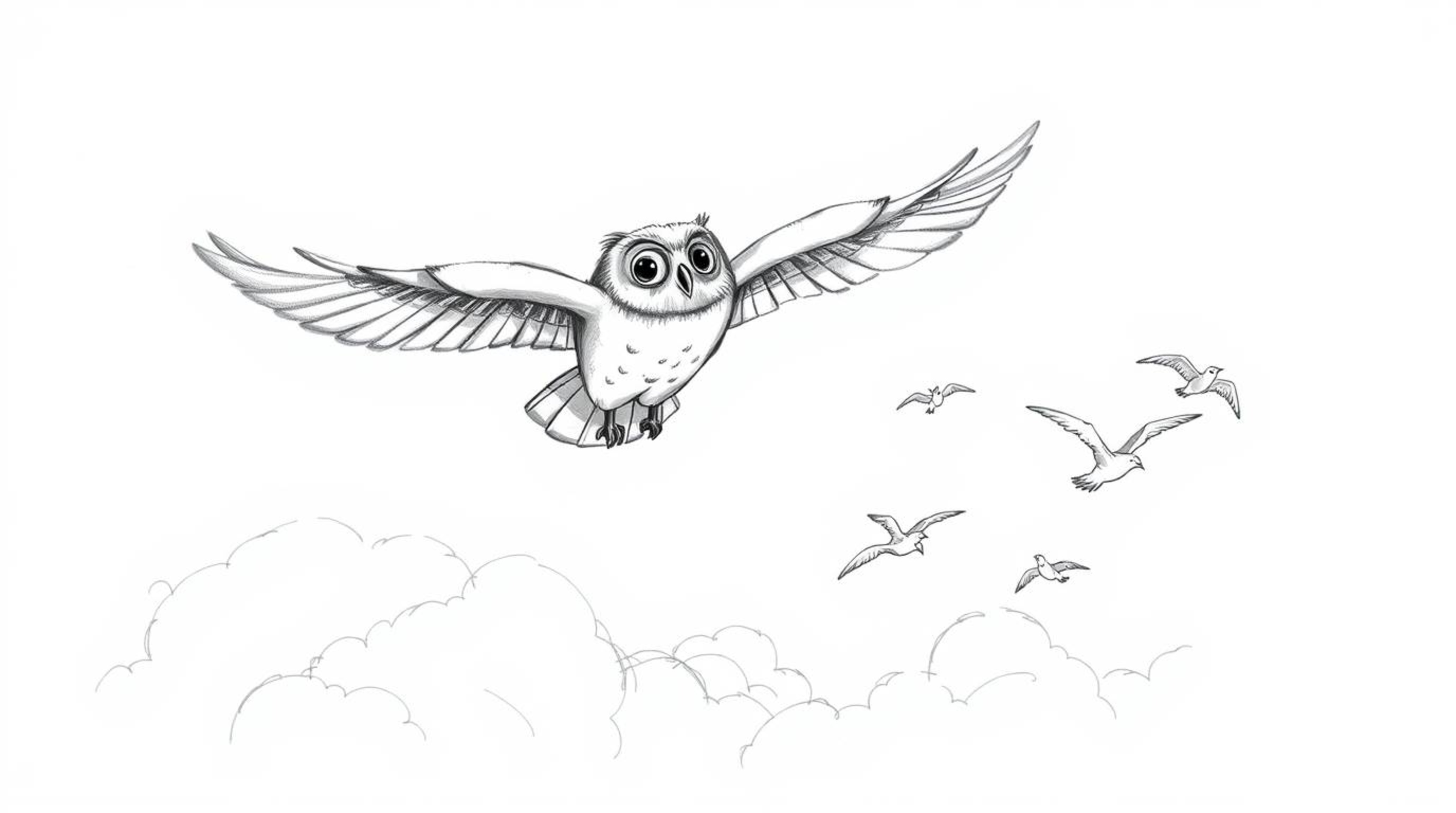 A heartwarming hand-drawn sketch in the style of Pixar depicts a blind owl with soft, feathery texture soaring proudly above 