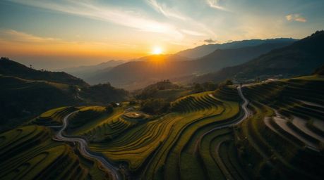 Capture the breathtaking beauty of a sunset over rice terraces nestled in the mountains with a stunning long-exposure photogr