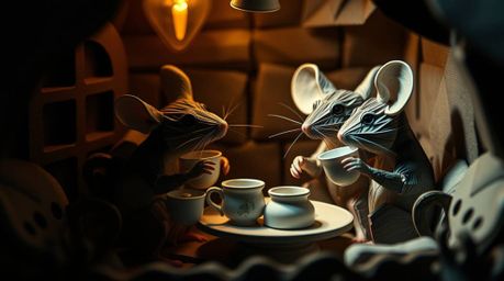 Explore a whimsical world with extreme macro close-ups featuring anthropomorphic mice enjoying tea in a cozy cottage. This in