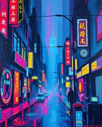 Explore a collection of bold acrylic paintings depicting dramatic, cinematic cyberpunk streets bathed in neon haze. These uni