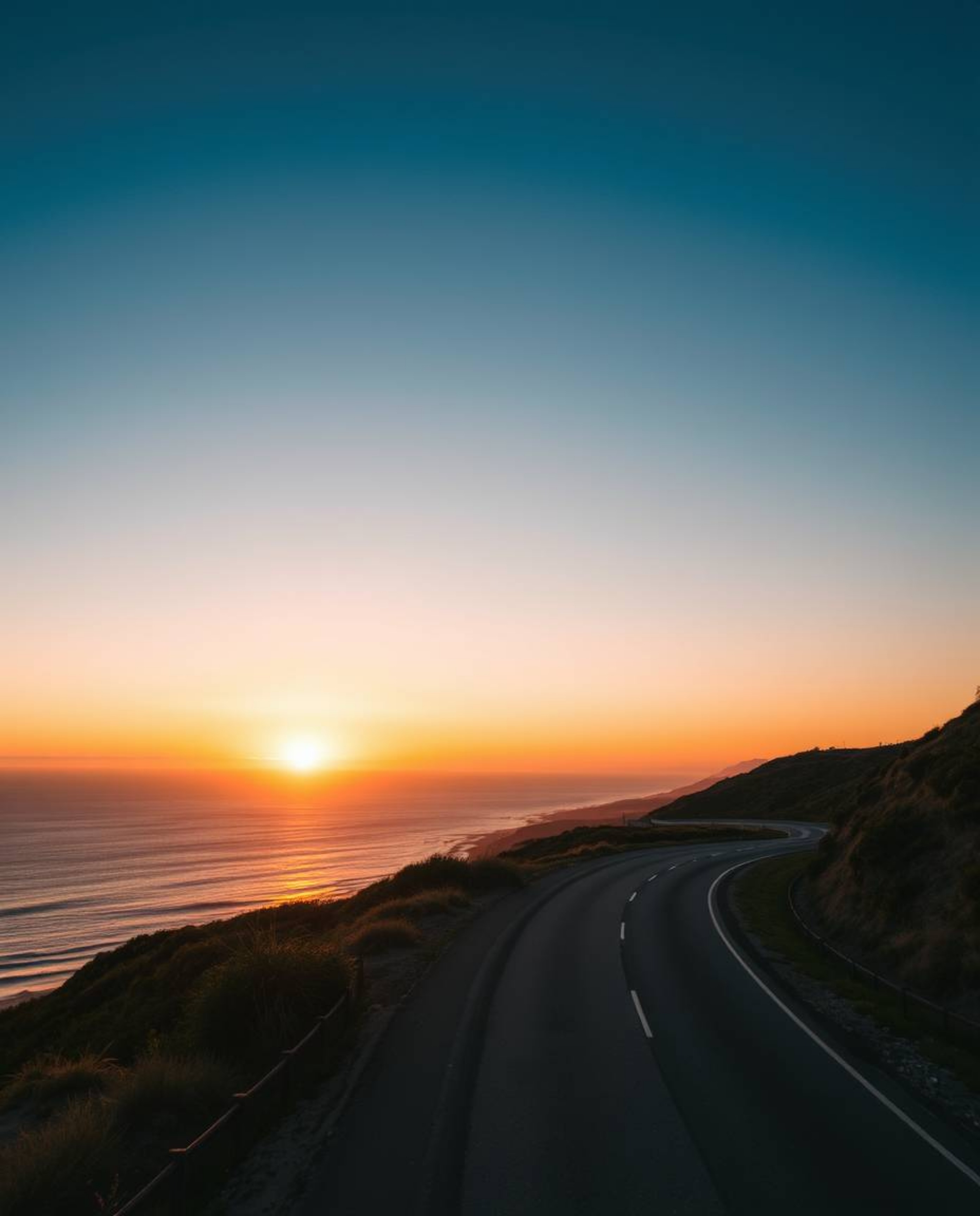 This artwork presents an extreme macro close-up of a scene inspired by a sunset sky over a winding coastal highway. It featur