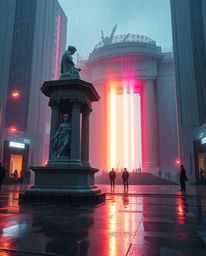 An epic, modern, futuristic scene depicts a wet, rainy scene featuring a classical sculpture with a vibrant glitch effect. In