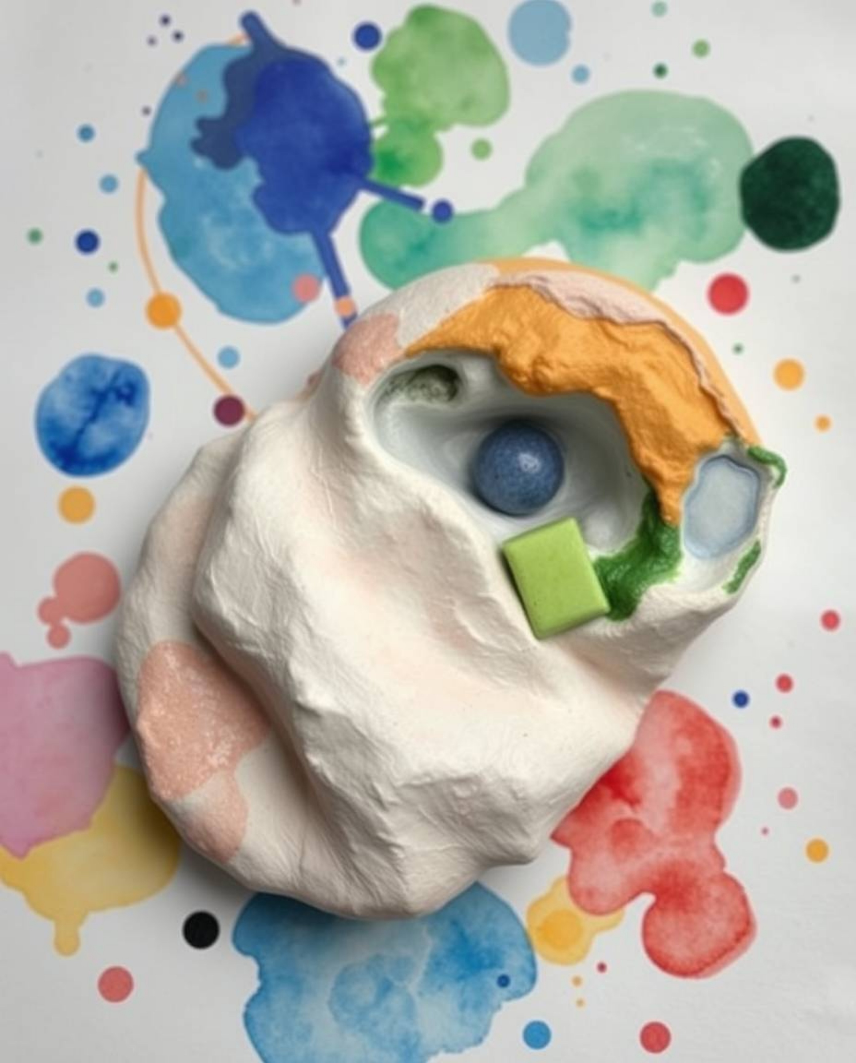 Explore a captivating blend of sculptural clay art and vibrant watercolor splashes. This collection features modeled shapes a