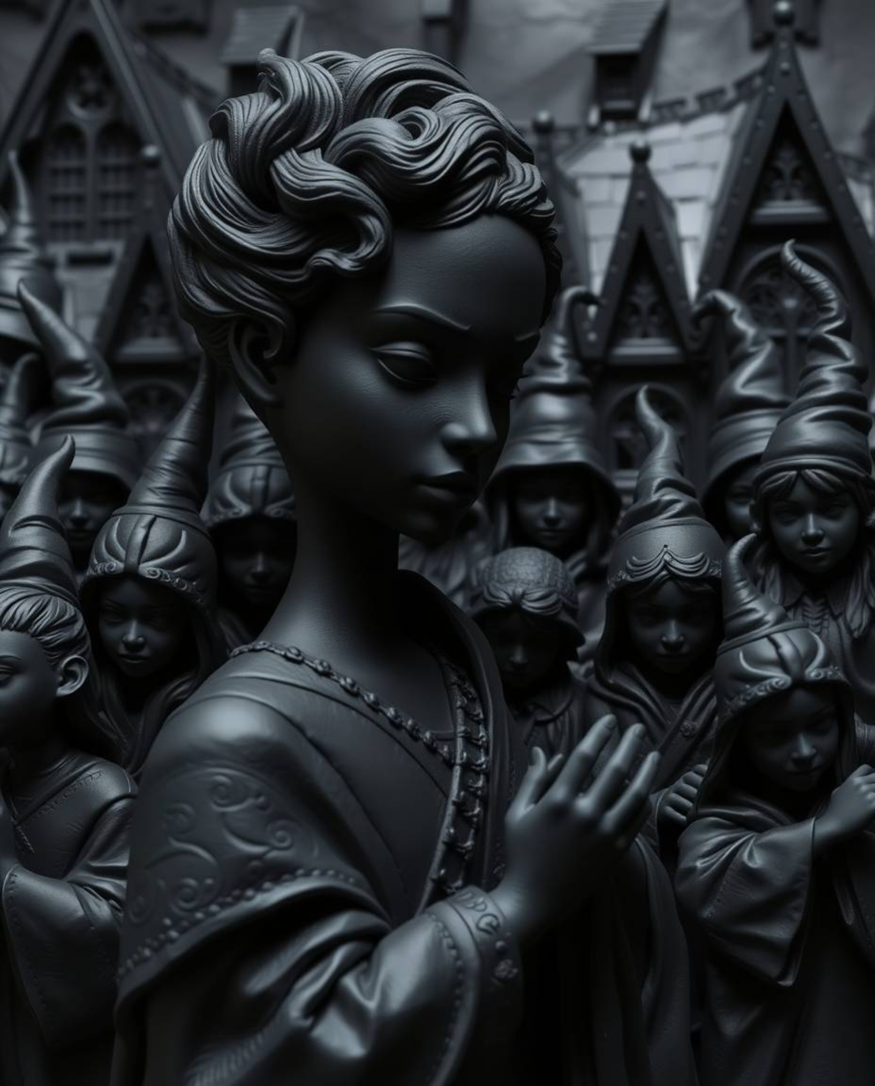 This intense jet black sculptural clay art piece depicts a magical school filled with young wizards. The graceful and elegant