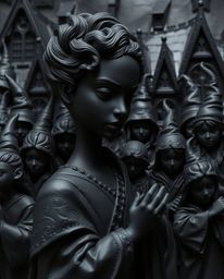This intense jet black sculptural clay art piece depicts a magical school filled with young wizards. The graceful and elegant