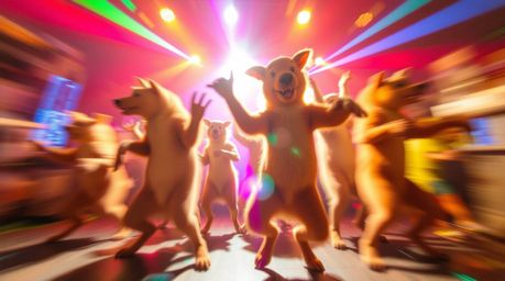Experience a dynamic animal dance party bursting with vibrant colors, blurred lines, and energetic action poses. Disco lights