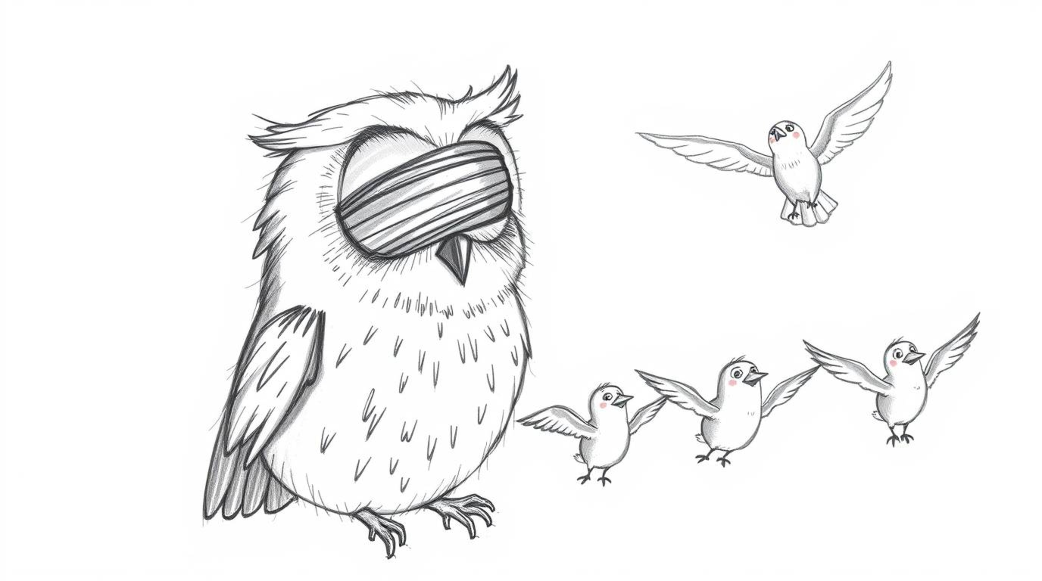 A heartwarming hand-drawn sketch in the style of Pixar portrays a blind owl with soft feathers and large, expressive eyes. Th