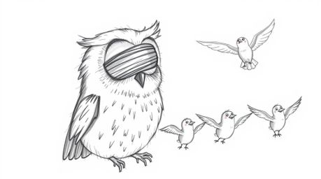 A heartwarming hand-drawn sketch in the style of Pixar portrays a blind owl with soft feathers and large, expressive eyes. Th
