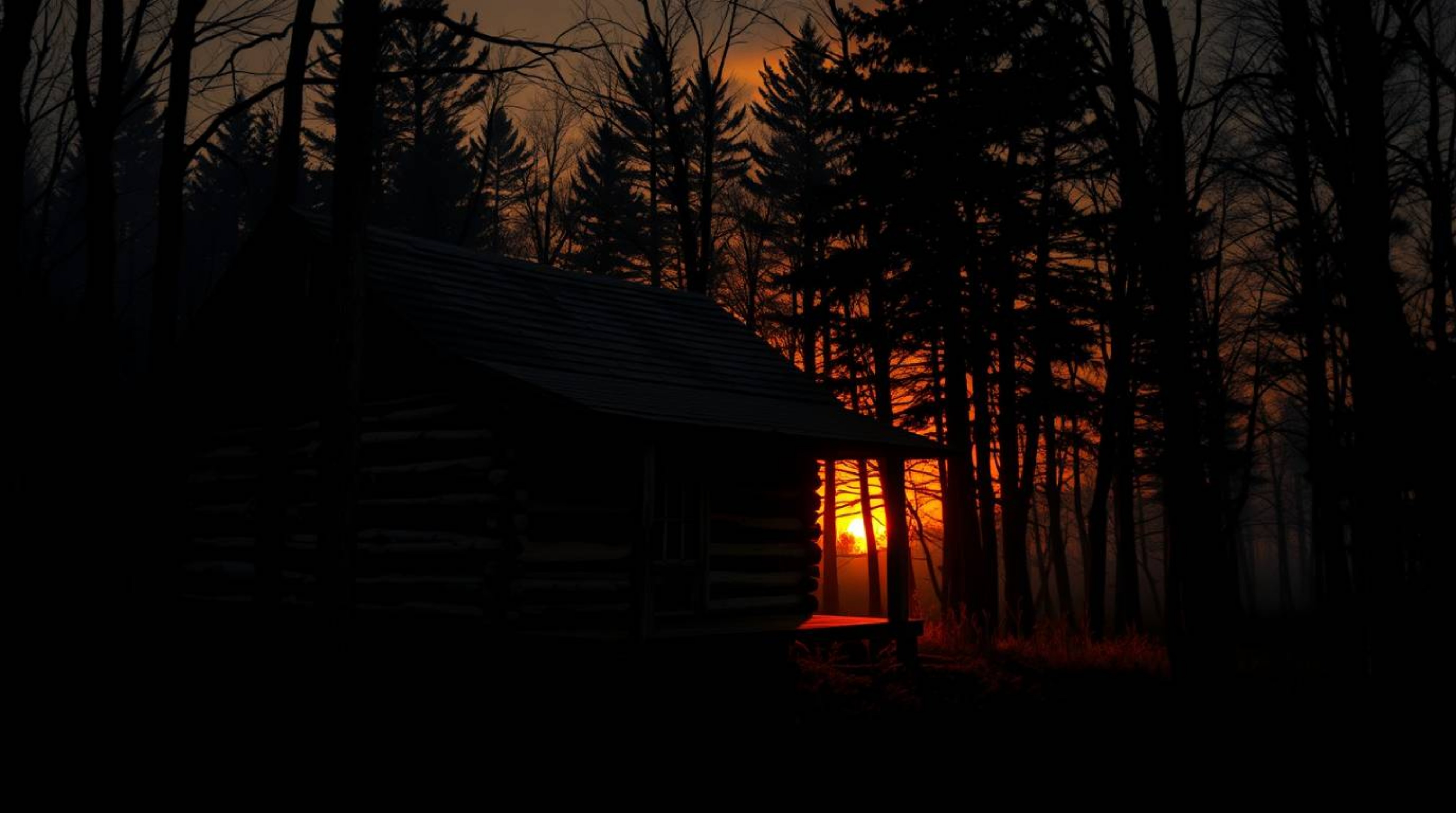 A moody, low-contrast image depicting an old wooden cabin nestled deep within the woods at sunset. The artwork is rendered in
