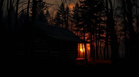 A moody, low-contrast image depicting an old wooden cabin nestled deep within the woods at sunset. The artwork is rendered in