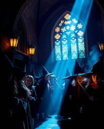 Chiaroscuro lighting creates a dramatic and intense scene within a magical school filled with young wizards. The image featur