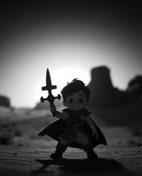 This captivating high-contrast, low-key photograph showcases an adorable, charming, and brave Disney-style hero embarking on 