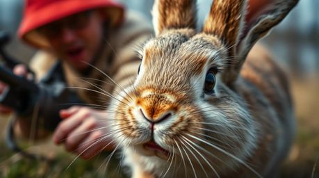 This image captures an extreme macro close-up with sharp focus, highlighting the details of a wacky rabbit with a twitching n