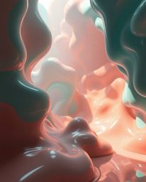 A hyperrealistic 3D rendering showcasing surreal fluid shapes reminiscent of melted glass set within a captivating sci-fi env