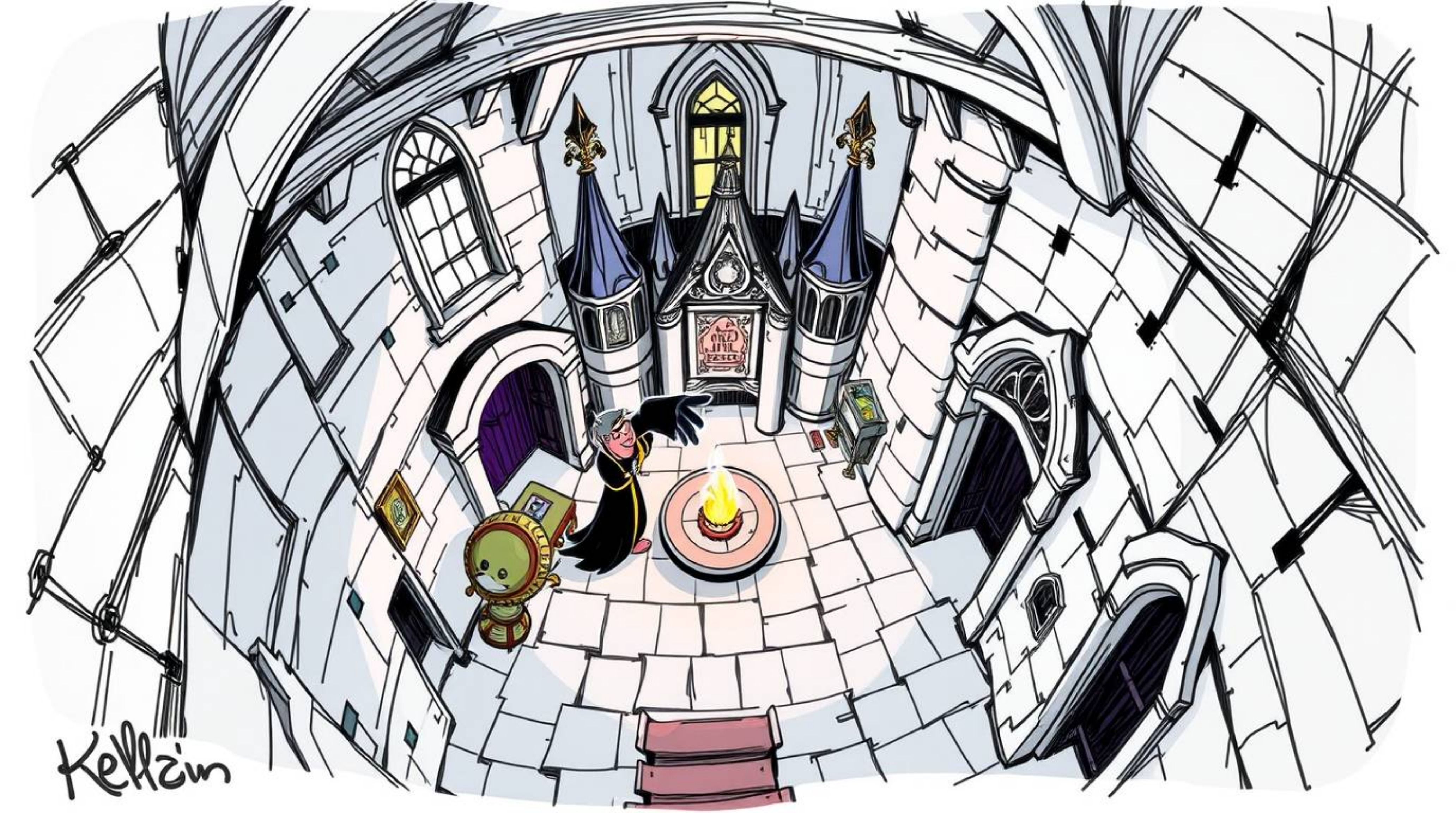 A vibrant, hand-drawn color sketchnote showcases a classic Disney villain conjuring a spell within the aged walls of an old c