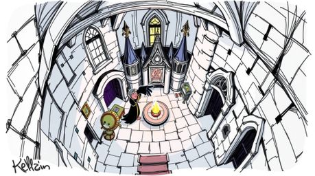 A vibrant, hand-drawn color sketchnote showcases a classic Disney villain conjuring a spell within the aged walls of an old c