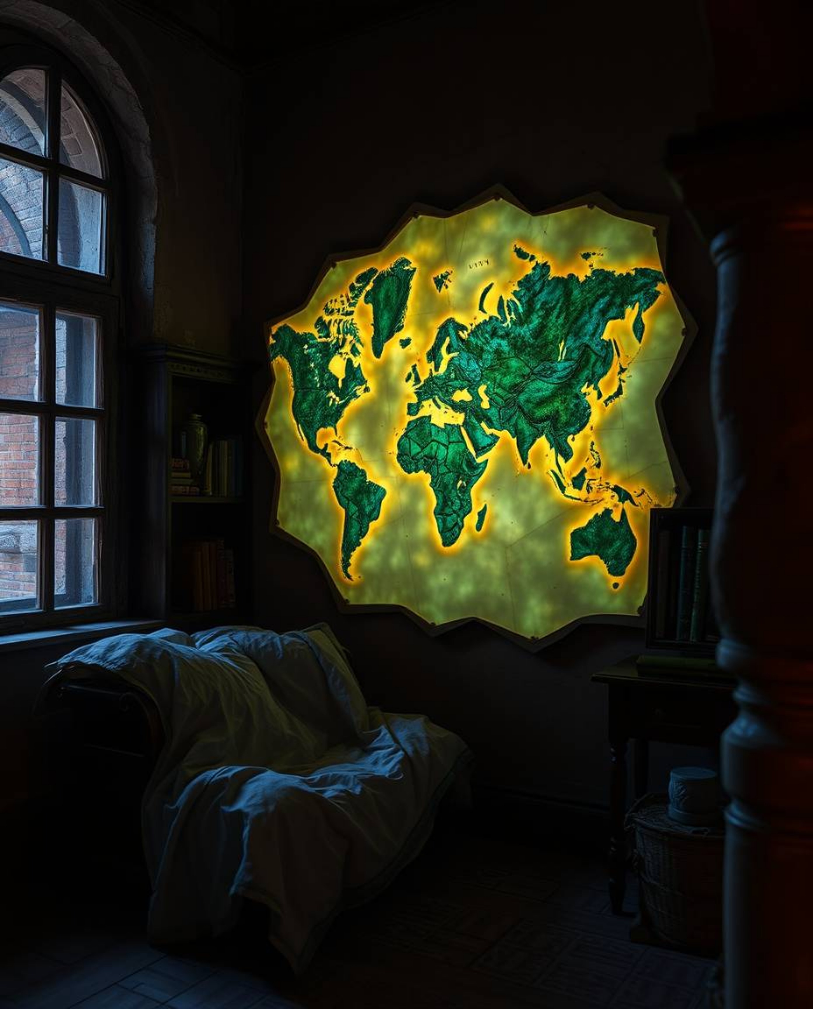 In the setting of a vintage study, a captivating glowing map is projected into the air, creating a unique and enchanting visu