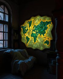 In the setting of a vintage study, a captivating glowing map is projected into the air, creating a unique and enchanting visu