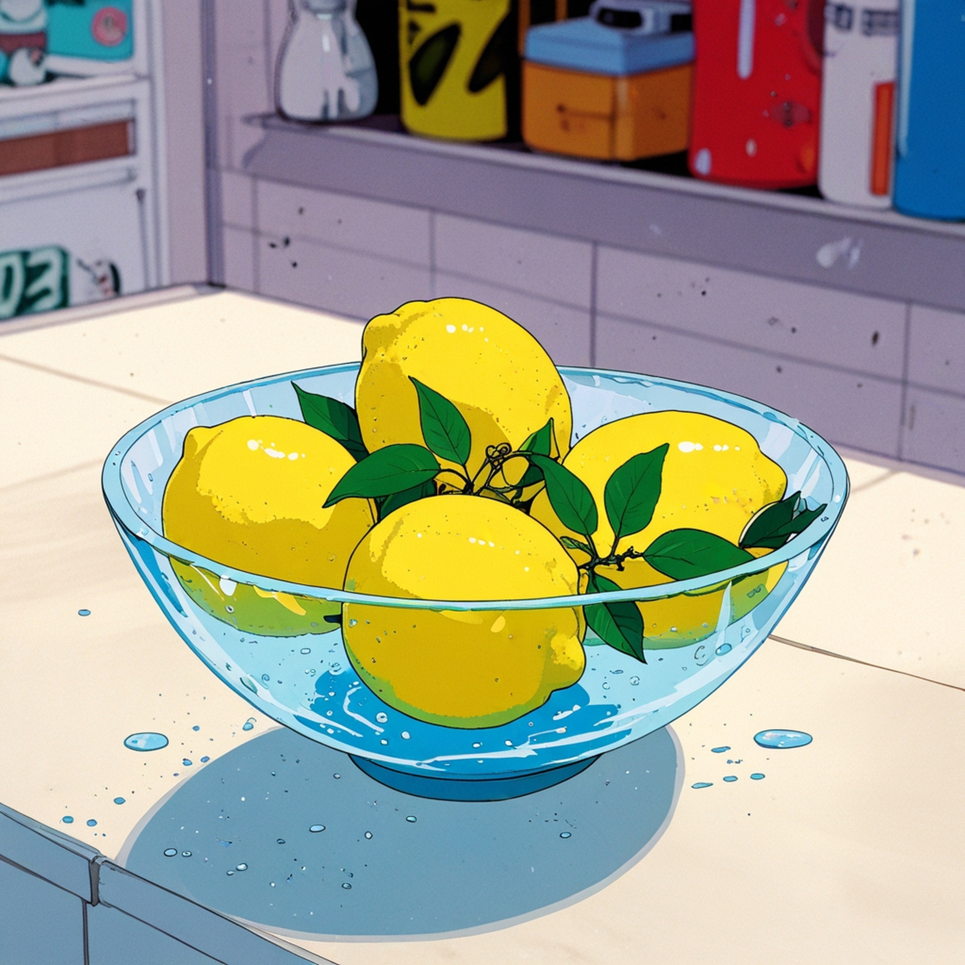 A captivating image of fresh, vibrant lemons arranged in a bowl on a polished countertop. Droplets of water glisten on their 