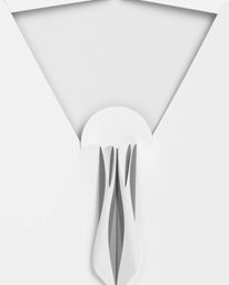 A classic black and white image of a sun setting behind a dramatic waterfall, rendered in an intricate origami style. The fol