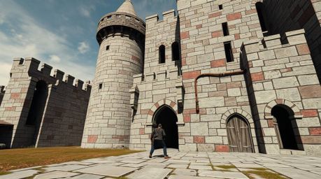 This architectural color photograph captures the tense moment of a thief attempting to infiltrate a heavily guarded castle. T