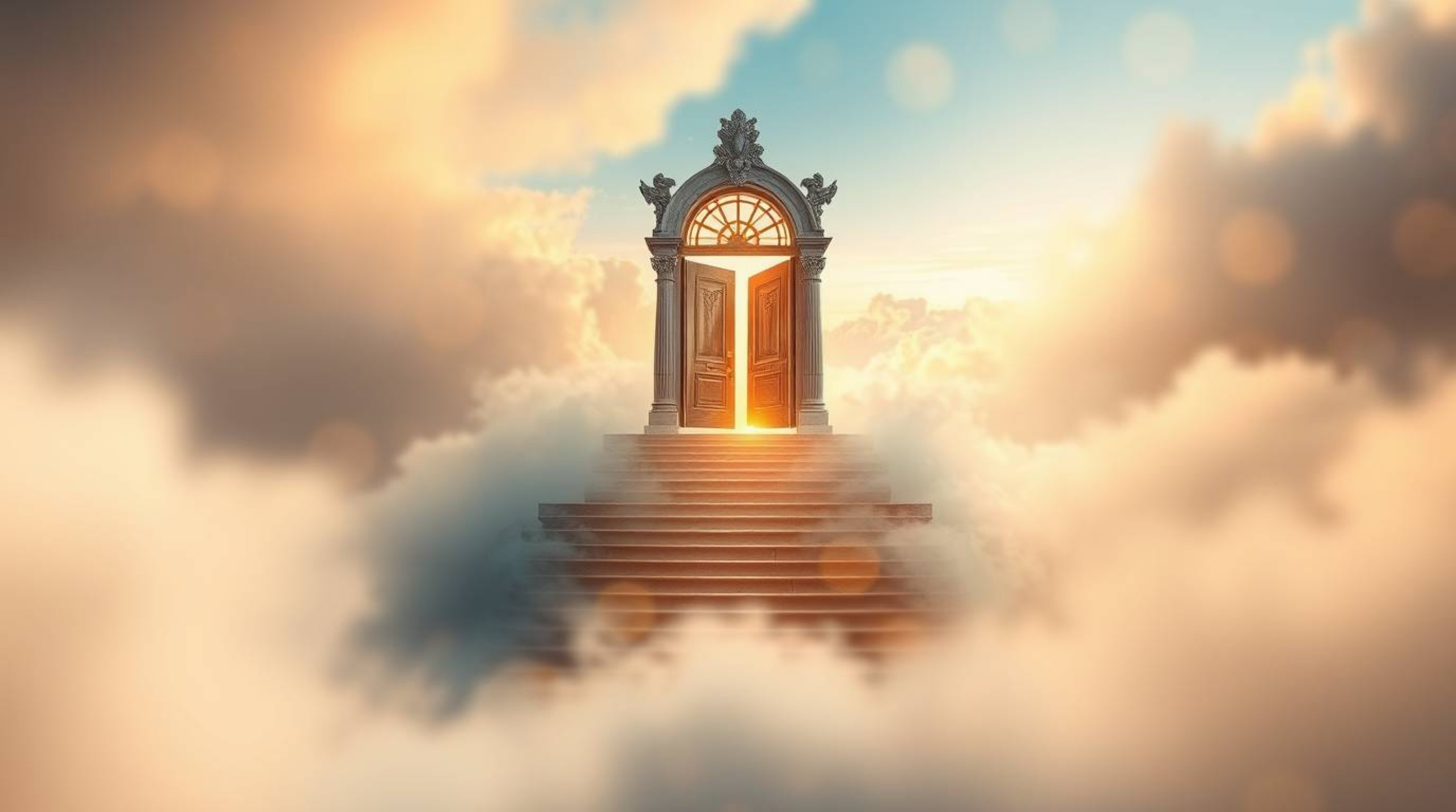A breathtaking fantasy realism photograph showcases a heavenly gate dramatically positioned above a sea of clouds.  Stairs as