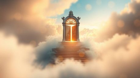 A breathtaking fantasy realism photograph showcases a heavenly gate dramatically positioned above a sea of clouds.  Stairs as