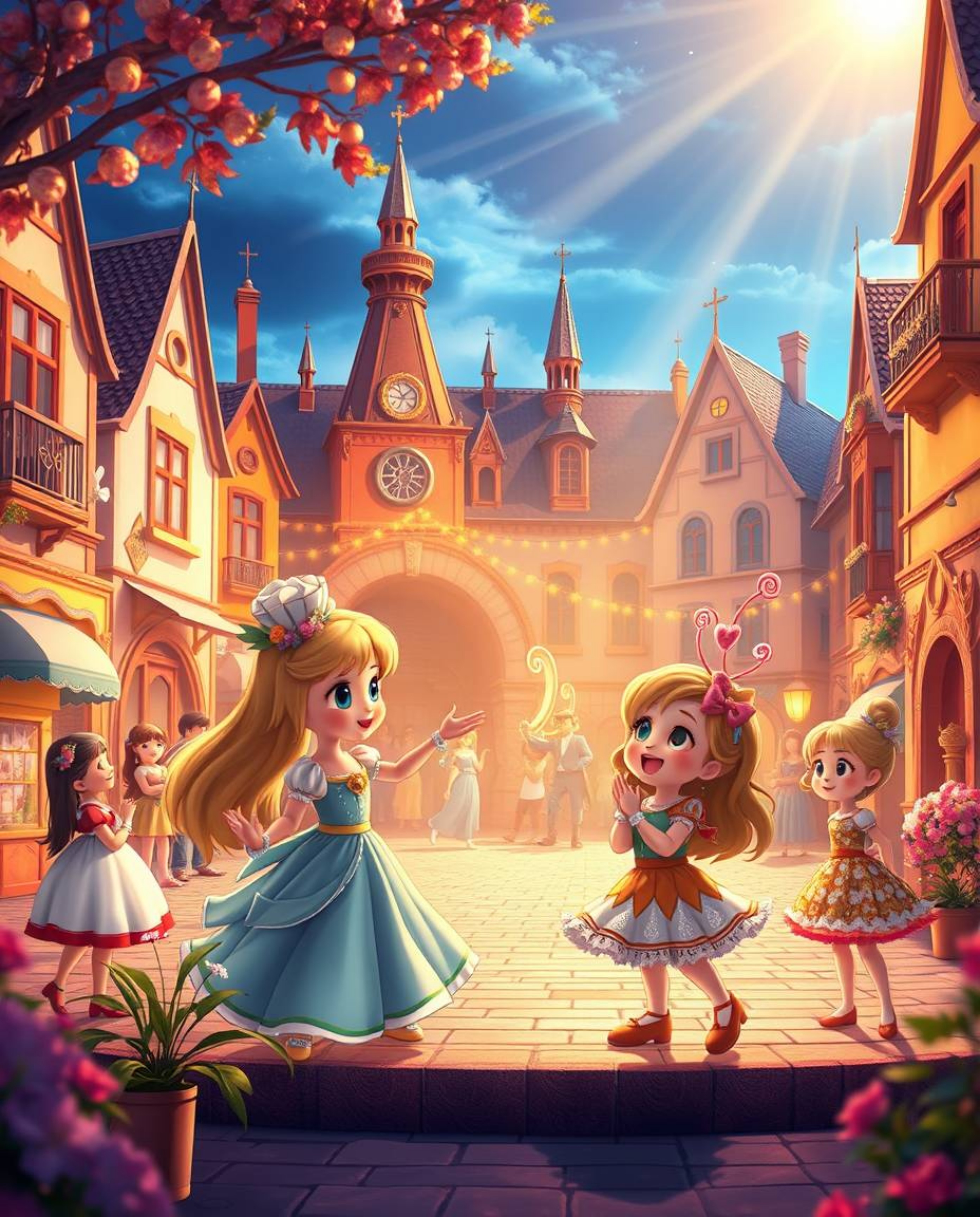 Experience a vibrant musical number set in a bright town square, bathed in a warm golden light.  Delight in the charming and 