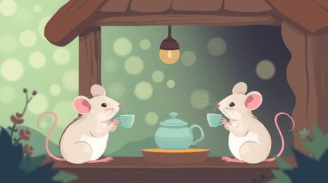 A modern flat design illustration depicts charming anthropomorphic mice enjoying a delightful tea party within a snug and inv