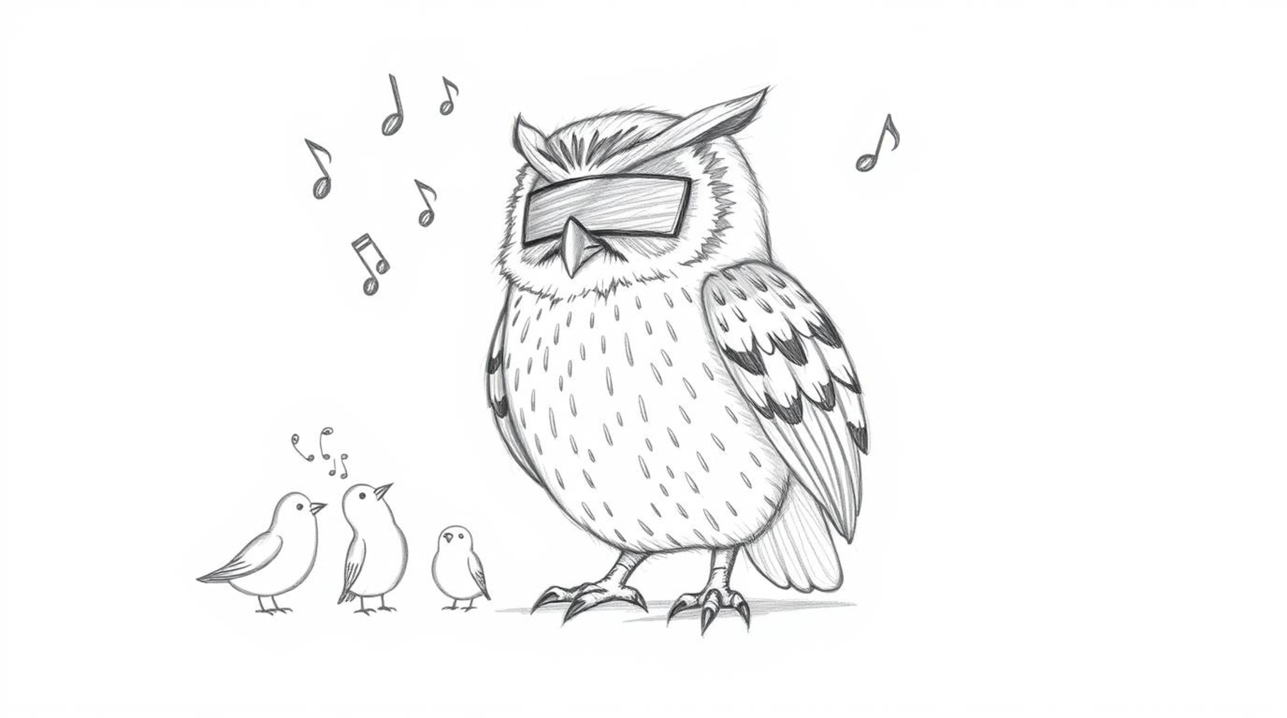 A captivating hand-drawn pencil sketch in Pixar style depicts a blind owl imparting flight lessons to a group of birds.  The 