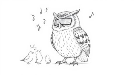 A captivating hand-drawn pencil sketch in Pixar style depicts a blind owl imparting flight lessons to a group of birds.  The 