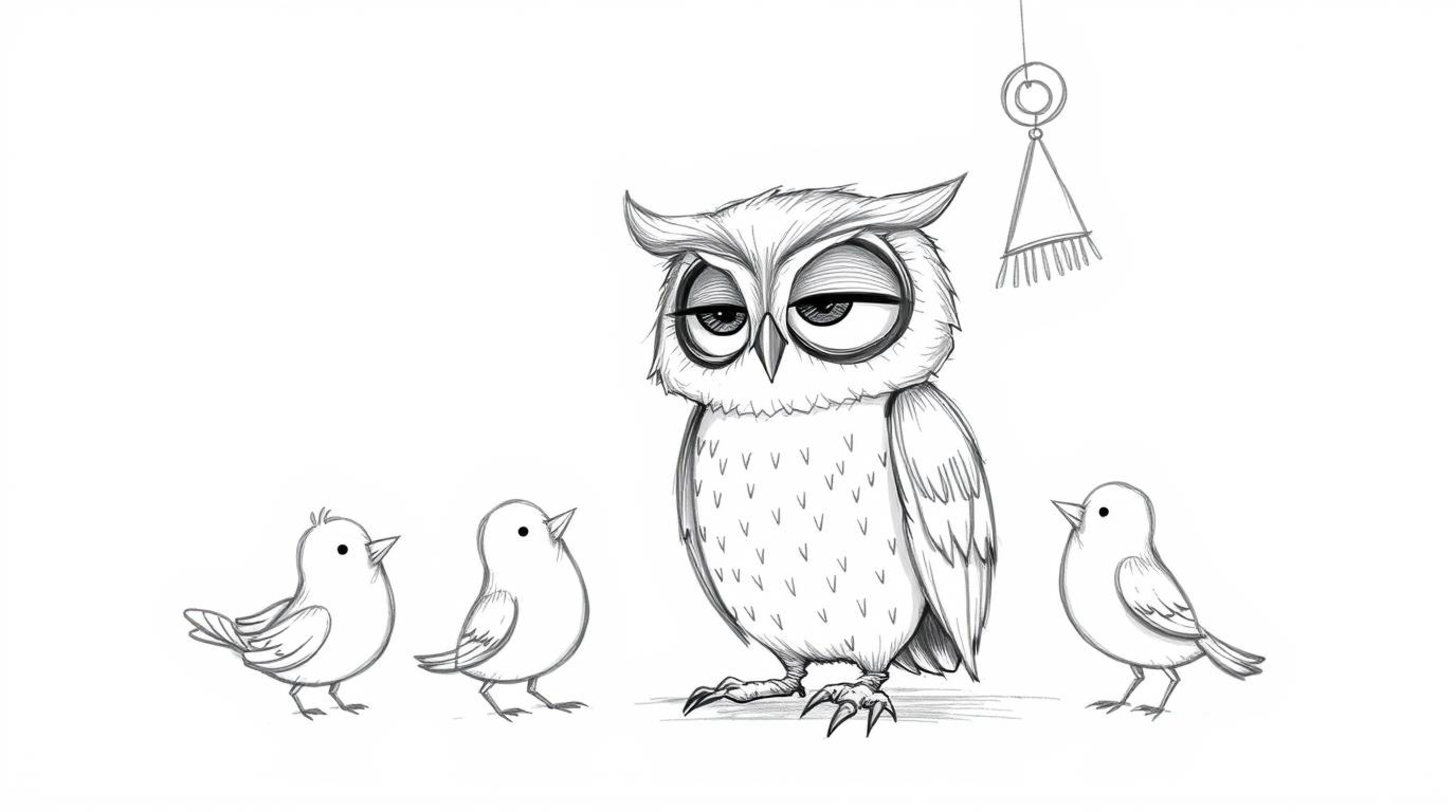 This heartwarming hand-drawn sketch, reminiscent of Pixar's style, depicts a blind owl with large, expressive eyes gently ins