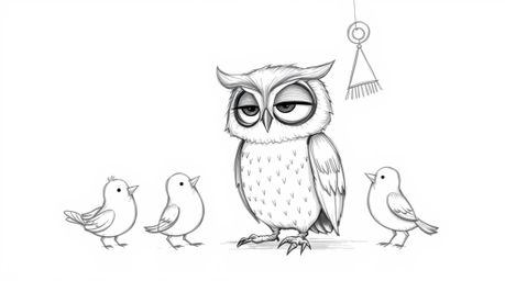 This heartwarming hand-drawn sketch, reminiscent of Pixar's style, depicts a blind owl with large, expressive eyes gently ins