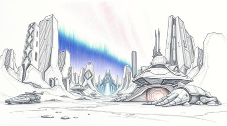 A grand and epic scene, rendered in a hand-drawn pencil sketch, showcases modern futuristic elements on a massive scale. The 