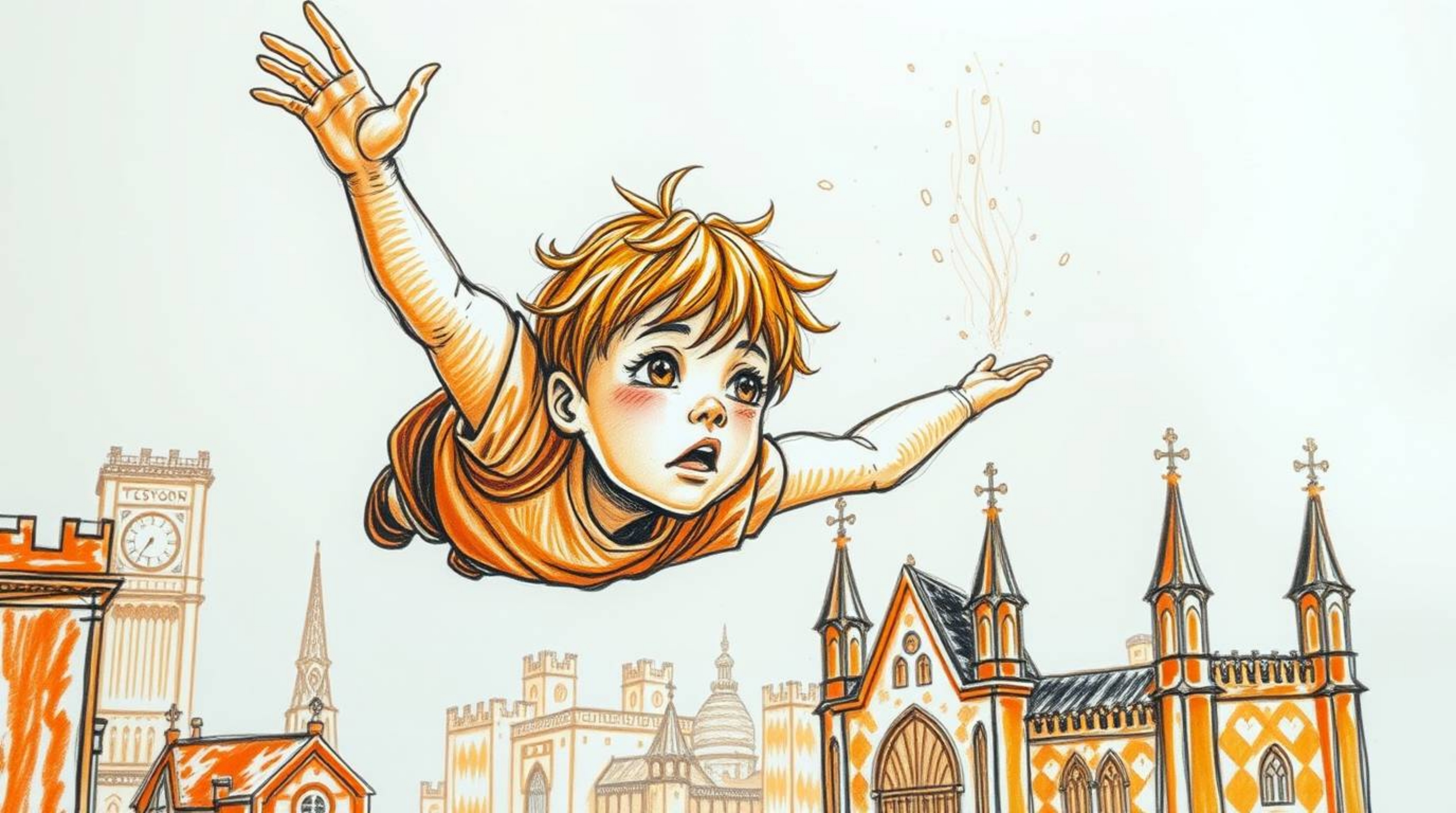 A captivating hand-drawn sketch depicts a young boy with delicate features and light skin soaring above London, propelled by 