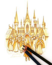 Explore a hand-drawn sketch depicting a magical school bustling with young wizards, bathed in warm golden hues. The artwork s