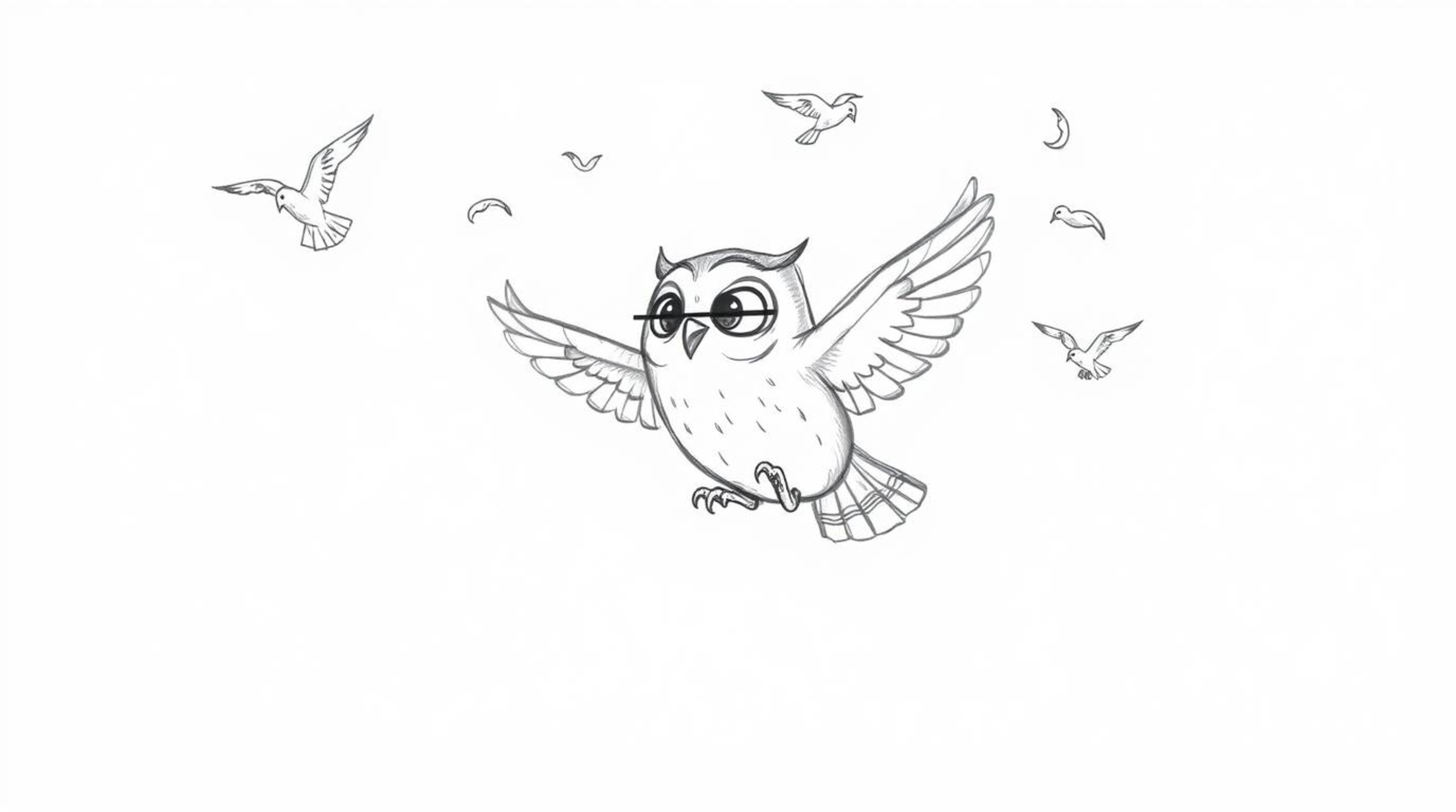 A charming hand-drawn sketch in the style of Pixar depicts a blind owl, with soft features, gracefully teaching birds to fly.