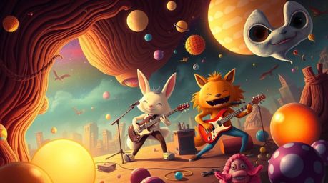 Experience a surreal and dreamlike world where a cartoon animal rock band takes center stage amidst fantastical and bizarre e