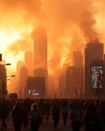 A city consumed by flames, filled with the chaos of running people, yet bathed in a warm golden glow. The scene evokes a soft