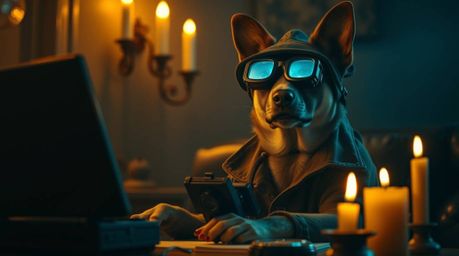 A dramatic and captivating cinematic photograph showcasing a dog detective equipped with high-tech gadgets, illuminated by th