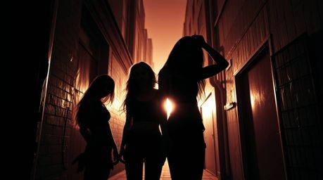 Capture the essence of rebellious youth in a grungy city alley, silhouetted against surreal infrared tones. The backlighting 