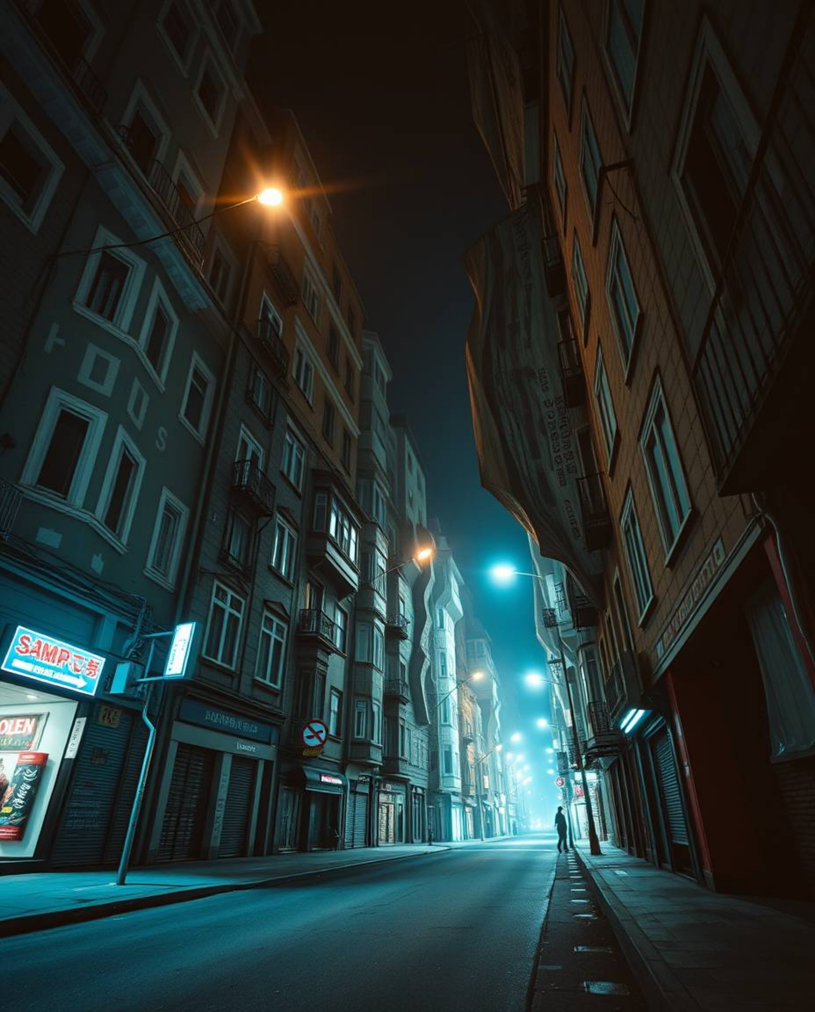 A captivating surreal street scene unfolds, showcasing dramatically lit and twisting buildings.  The image, captured in a cin