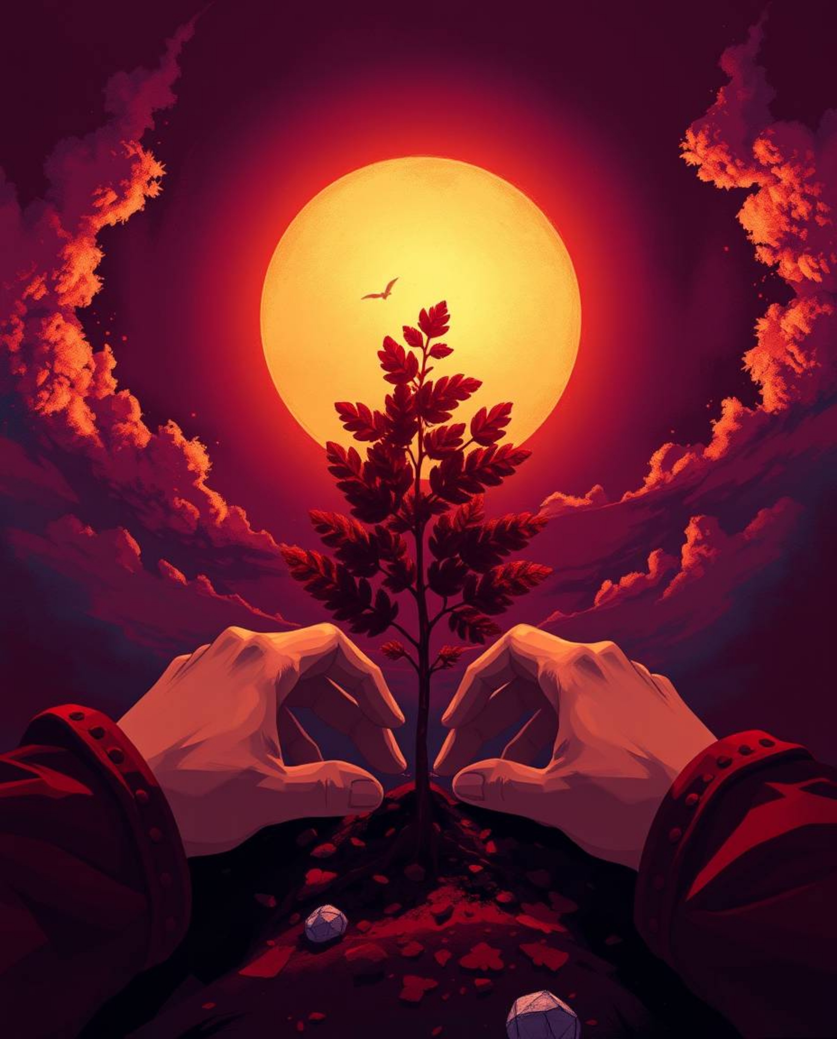 A captivating digital painting in rich burgundy and deep blue, showcasing an Isekai anime style.  The artwork depicts express