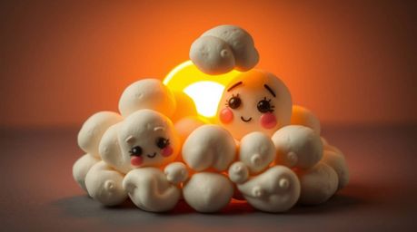 This adorable and cute sculptural clay art piece depicts thunderstorm clouds dramatically illuminated by the warm hues of sun