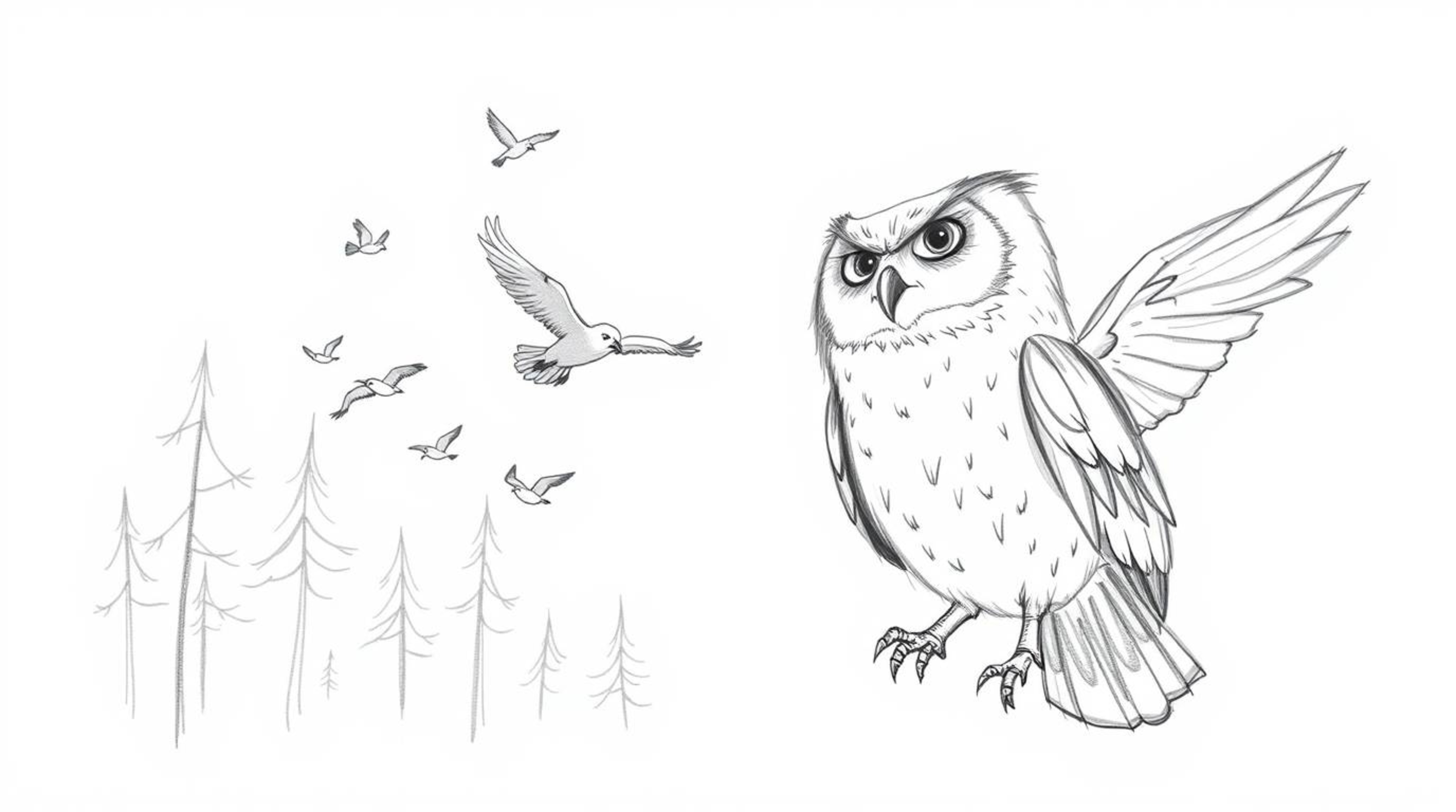 A heartwarming hand-drawn sketch in the style of Pixar depicts a wise, blind owl with soft feathers patiently teaching a floc