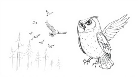 A heartwarming hand-drawn sketch in the style of Pixar depicts a wise, blind owl with soft feathers patiently teaching a floc